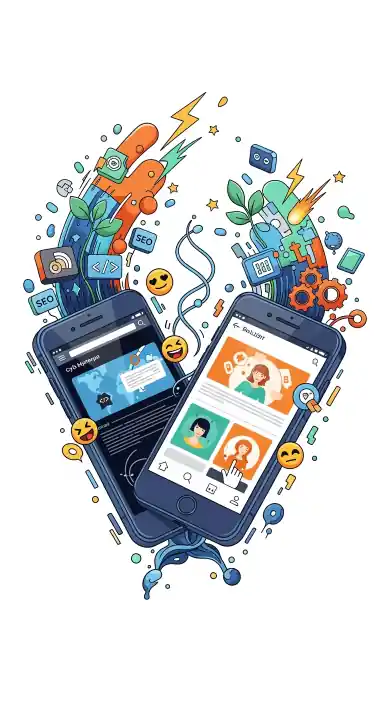Deux smartphones positionnés en forme de cœur, entourés d'éclairs, d'icônes de développement web, de SEO et d'émojis expressifs. L'image évoque la connectivité, l'efficacité mobile et l'impact positif des stratégies de marketing digital d'Artisyo, alliant technique et créativité pour les PME.