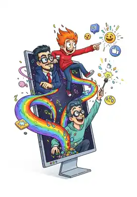 Trois personnages de dessins animés sortent d'un écran d'ordinateur : un magicien maniant une baguette, un jeune homme pointant du doigt avec un sourire, et une silhouette inspiratrice. Un arc-en-ciel éclatant avec des notes de musique et des émojis les entoure, symbolisant la magie et la créativité de Fabulink pour animer la présence en ligne et générer des émotions positives.