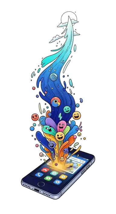 Un flux dynamique d'eau colorée symbolisant l'information et la joie, s'élève vers le ciel depuis un smartphone, emportant avec lui une multitude d'émojis souriants et d'icônes web. L'image suggère la vitalité et la propagation des contenus digitaux via les solutions mobiles d'Artisyo.