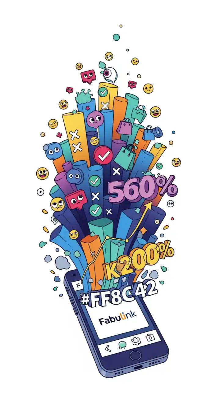 Des barres de croissance 3D colorées et divers émojis joyeux jaillissent d'un smartphone affichant 'Fabulink' sur son écran. Des pourcentages de réussite élevés et des coches vertes mettent l'accent sur les résultats significatifs et la satisfaction client obtenus grâce aux stratégies digitales sur mesure de Fabulink.